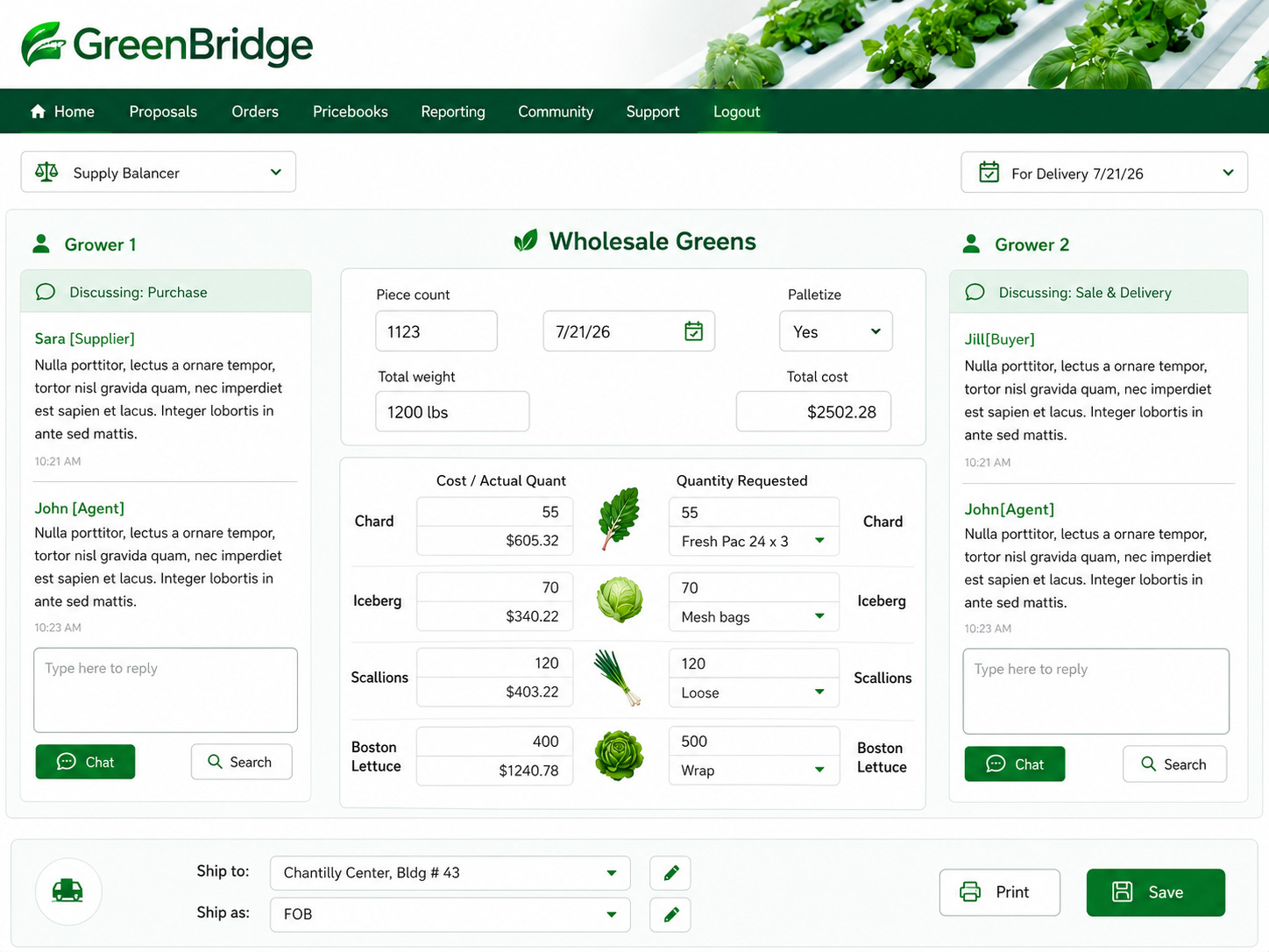 GreenBridge supply balancer screen — growers, buyers and a wholesale greens order in progress