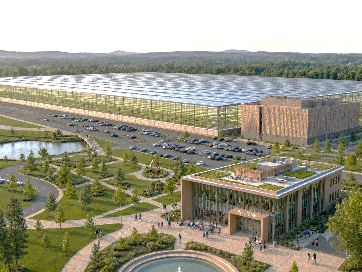 Aerial view of the GreenPlex campus — greenhouse, data center and community building